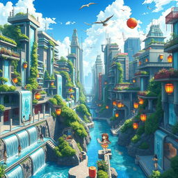 A vibrant anime city intricately designed with a hydropunk system, showcasing futuristic architecture built around waterfalls and waterways