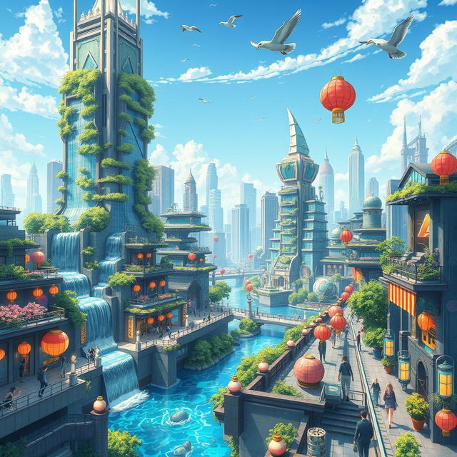 A vibrant anime city intricately designed with a hydropunk system, showcasing futuristic architecture built around waterfalls and waterways