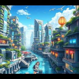 A vibrant anime city intricately designed with a hydropunk system, showcasing futuristic architecture built around waterfalls and waterways