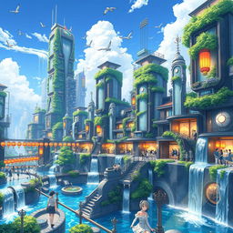 A vibrant anime city intricately designed with a hydropunk system, showcasing futuristic architecture built around waterfalls and waterways