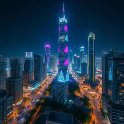 A modern cityscape at night, showcasing tall futuristic skyscrapers adorned with vibrant colored lights on each floor