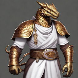 This is a vivid digital art image of a gold-skinned dragonborn boasting a friendly smile and broad shoulders