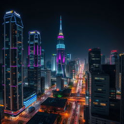 A modern cityscape at night, showcasing tall futuristic skyscrapers adorned with vibrant colored lights on each floor