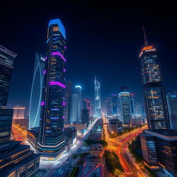 A modern cityscape at night, showcasing tall futuristic skyscrapers adorned with vibrant colored lights on each floor