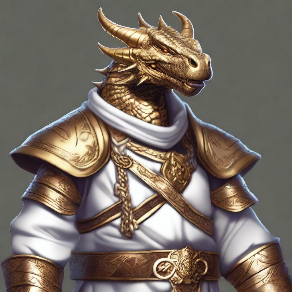 This is a vivid digital art image of a gold-skinned dragonborn boasting a friendly smile and broad shoulders