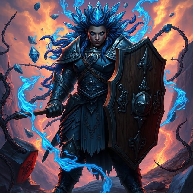 A heavy-set, dark-skinned female human with captivating bright blue eyes and striking blue crystals for hair, clad in impressive onyx full plate armor
