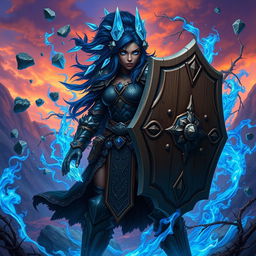 A heavy-set, dark-skinned female human with captivating bright blue eyes and striking blue crystals for hair, clad in impressive onyx full plate armor