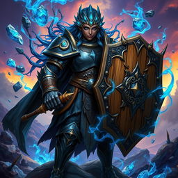 A heavy-set, dark-skinned female human with captivating bright blue eyes and striking blue crystals for hair, clad in impressive onyx full plate armor