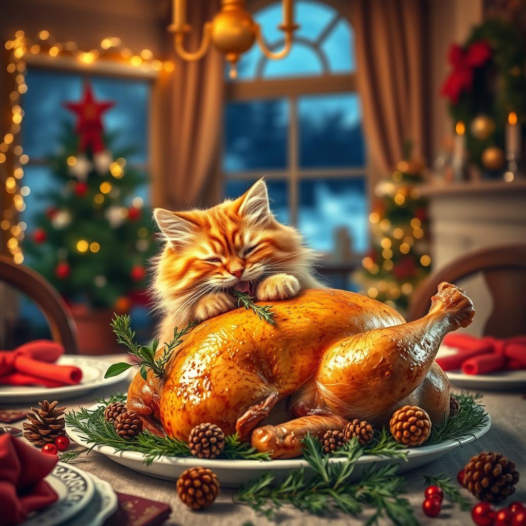 A playful scene depicting a fluffy orange tabby cat joyfully munching on a beautifully cooked Christmas turkey, the turkey garnished with herbs and surrounded by festive decorations like holly and pinecones