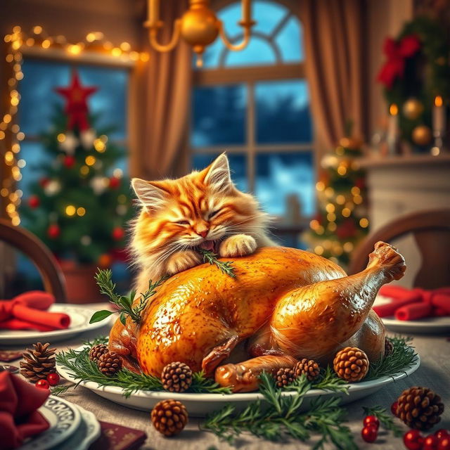 A playful scene depicting a fluffy orange tabby cat joyfully munching on a beautifully cooked Christmas turkey, the turkey garnished with herbs and surrounded by festive decorations like holly and pinecones