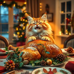 A playful scene depicting a fluffy orange tabby cat joyfully munching on a beautifully cooked Christmas turkey, the turkey garnished with herbs and surrounded by festive decorations like holly and pinecones