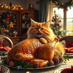 A playful scene depicting a fluffy orange tabby cat joyfully munching on a beautifully cooked Christmas turkey, the turkey garnished with herbs and surrounded by festive decorations like holly and pinecones