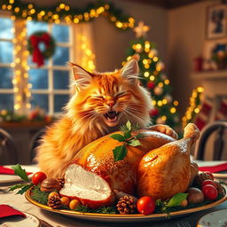 A playful scene depicting a fluffy orange tabby cat joyfully munching on a beautifully cooked Christmas turkey, the turkey garnished with herbs and surrounded by festive decorations like holly and pinecones