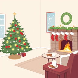 A simple and realistic Christmas drawing depicting a cozy living room with a decorated Christmas tree in the corner, softly glowing lights and traditional ornaments