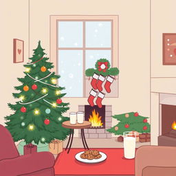 A simple and realistic Christmas drawing depicting a cozy living room with a decorated Christmas tree in the corner, softly glowing lights and traditional ornaments