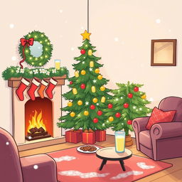 A simple and realistic Christmas drawing depicting a cozy living room with a decorated Christmas tree in the corner, softly glowing lights and traditional ornaments