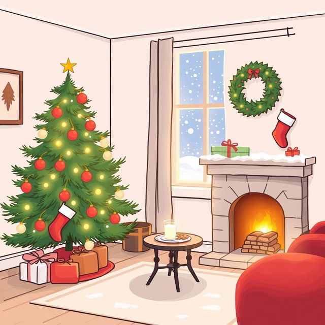 A simple and realistic Christmas drawing depicting a cozy living room with a decorated Christmas tree in the corner, softly glowing lights and traditional ornaments