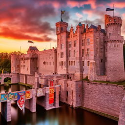 A grand royal castle at sunset with towering stone walls, fluttering banners displaying coats of arms, and a moat with a majestic drawbridge.