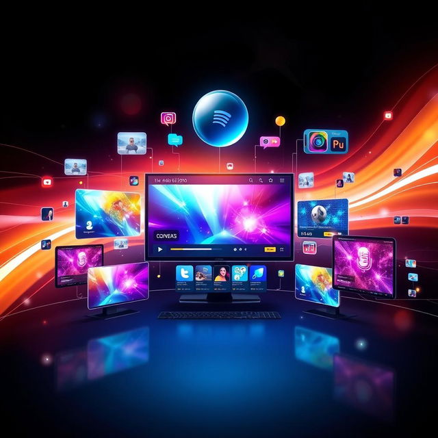 A visually stunning representation of a digital media platform, showcasing an array of vibrant icons and interfaces, including streaming video, social media feeds, and podcast visuals