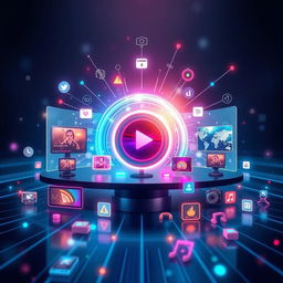 A visually stunning representation of a digital media platform, showcasing an array of vibrant icons and interfaces, including streaming video, social media feeds, and podcast visuals