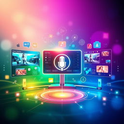 A visually stunning representation of a digital media platform, showcasing an array of vibrant icons and interfaces, including streaming video, social media feeds, and podcast visuals