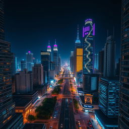 A breathtaking view of a modern city at night, filled with tall futuristic skyscrapers adorned with vibrant lights on every floor