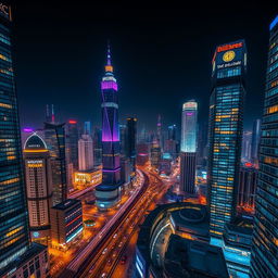 A breathtaking view of a modern city at night, filled with tall futuristic skyscrapers adorned with vibrant lights on every floor