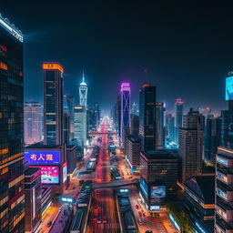 A breathtaking view of a modern city at night, filled with tall futuristic skyscrapers adorned with vibrant lights on every floor