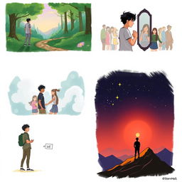 A series of 7 illustrations that delve into the theme of identity and self-discovery, depicting a story of a character's journey to understand themselves
