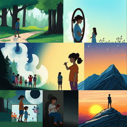 A series of 7 illustrations that delve into the theme of identity and self-discovery, depicting a story of a character's journey to understand themselves