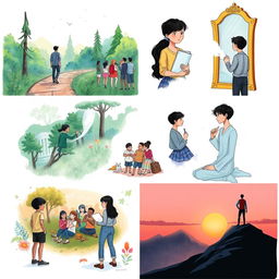 A series of 7 illustrations that delve into the theme of identity and self-discovery, depicting a story of a character's journey to understand themselves