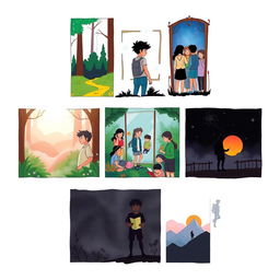 A series of 7 illustrations that delve into the theme of identity and self-discovery, depicting a story of a character's journey to understand themselves