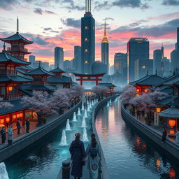 A stunning Japanese city designed with a hydropunk system, blending traditional architecture with futuristic elements