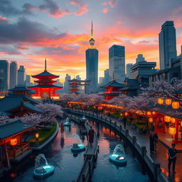 A stunning Japanese city designed with a hydropunk system, blending traditional architecture with futuristic elements