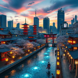 A stunning Japanese city designed with a hydropunk system, blending traditional architecture with futuristic elements