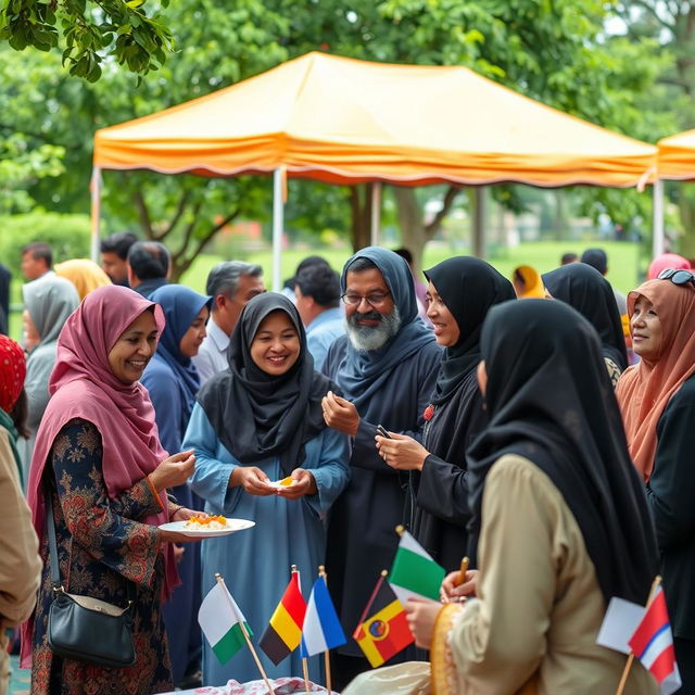 A peaceful gathering of diverse individuals from various backgrounds, including Muslims, celebrating unity and understanding