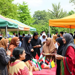A peaceful gathering of diverse individuals from various backgrounds, including Muslims, celebrating unity and understanding