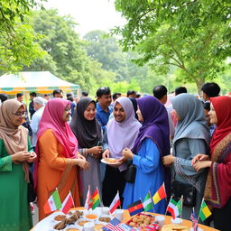 A peaceful gathering of diverse individuals from various backgrounds, including Muslims, celebrating unity and understanding