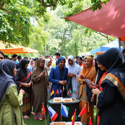 A peaceful gathering of diverse individuals from various backgrounds, including Muslims, celebrating unity and understanding