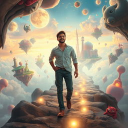 A captivating scene of a man journeying through his dreams, surrounded by a fantastical landscape filled with whimsical elements