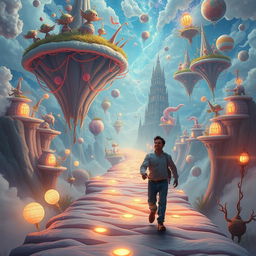 A captivating scene of a man journeying through his dreams, surrounded by a fantastical landscape filled with whimsical elements