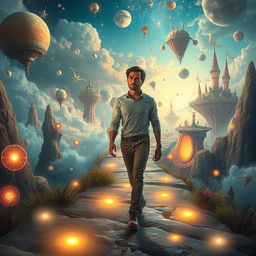 A captivating scene of a man journeying through his dreams, surrounded by a fantastical landscape filled with whimsical elements