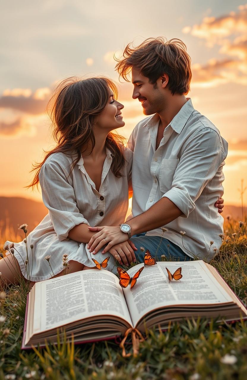 A romantic and aesthetic book cover depicting a beautifully intertwined couple in a serene sunset setting