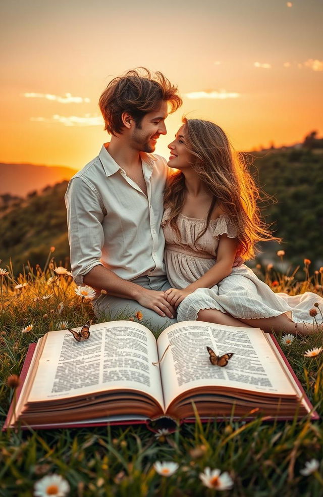 A romantic and aesthetic book cover depicting a beautifully intertwined couple in a serene sunset setting