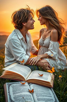 A romantic and aesthetic book cover depicting a beautifully intertwined couple in a serene sunset setting