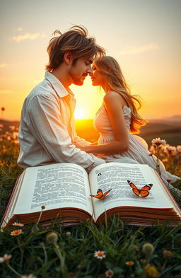 A romantic and aesthetic book cover depicting a beautifully intertwined couple in a serene sunset setting