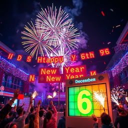A lively New Year celebration scene featuring vibrant decorations and colorful festive lights