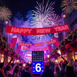 A lively New Year celebration scene featuring vibrant decorations and colorful festive lights