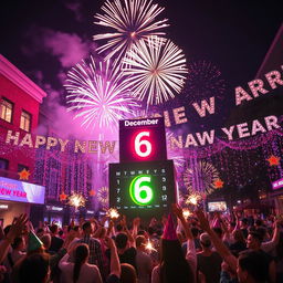 A lively New Year celebration scene featuring vibrant decorations and colorful festive lights