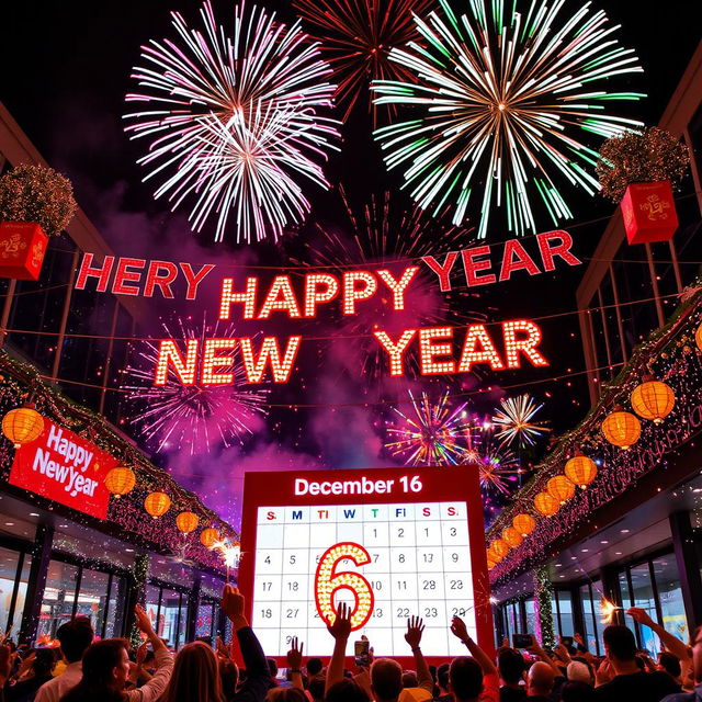 A lively New Year celebration scene featuring vibrant decorations and colorful festive lights